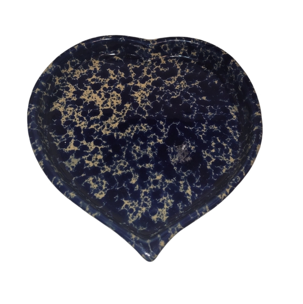 Vintage Bennington Potters Vermont Blue Agate Spongeware Dish Heart Trinket Bowl